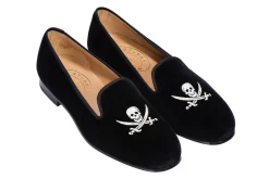Skull Black Velvet Slipper (Wide)
